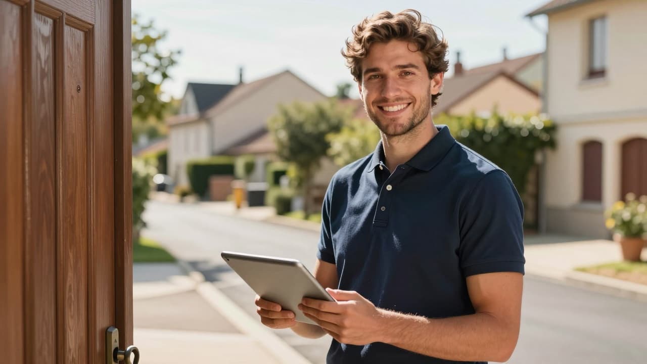 Un jeune commercial terrain souriant, sacoche à l'épaule, discute avec un habitant devant une maison de la métropole lilloise