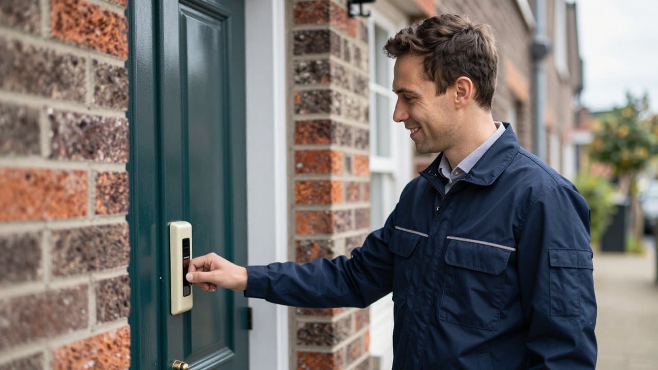 Un commercial terrain souriant présente une offre fibre sur une tablette devant la porte d'une maison en périphérie de Lille