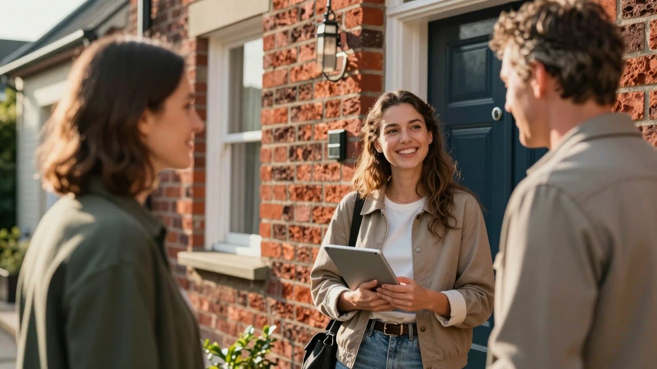 Jeune commercial souriant présentant une offre à un habitant sur le seuil d'une maison en brique du Nord