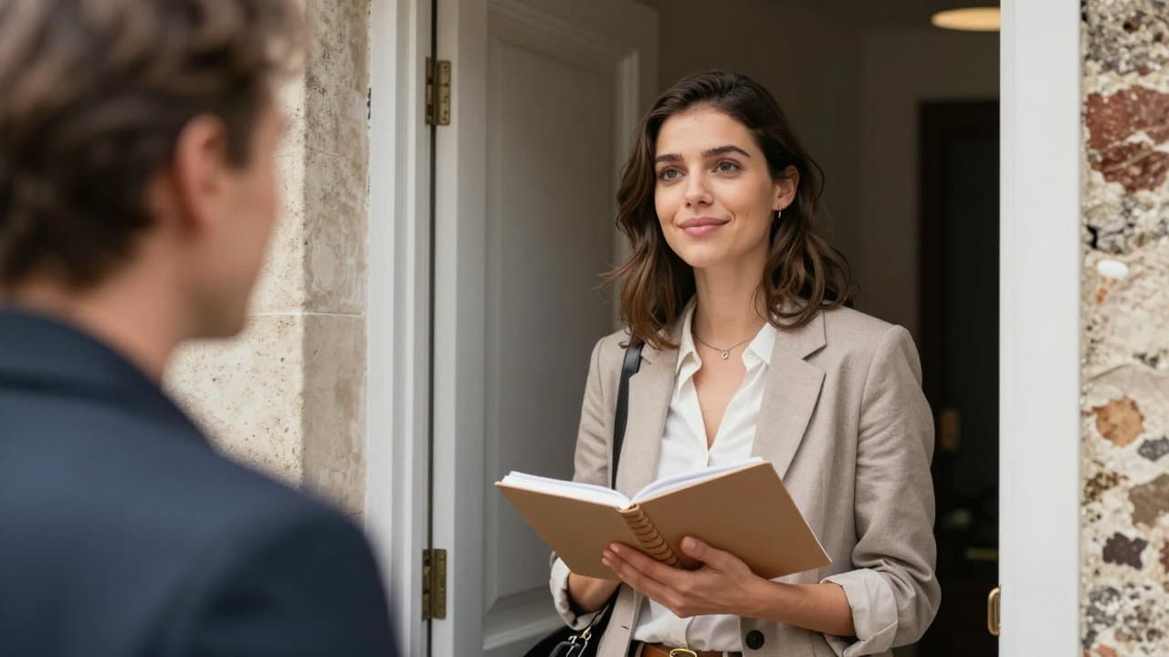A young woman stands on a doorstep in a residential street in Roubaix, notebook in hand, listening attentively to a resident speaking in the doorway.