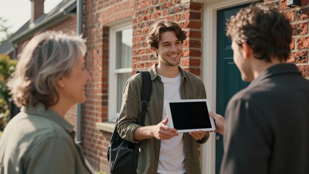 Jeune commercial souriant présentant une offre fibre sur une tablette au seuil d'une maison à Roubaix