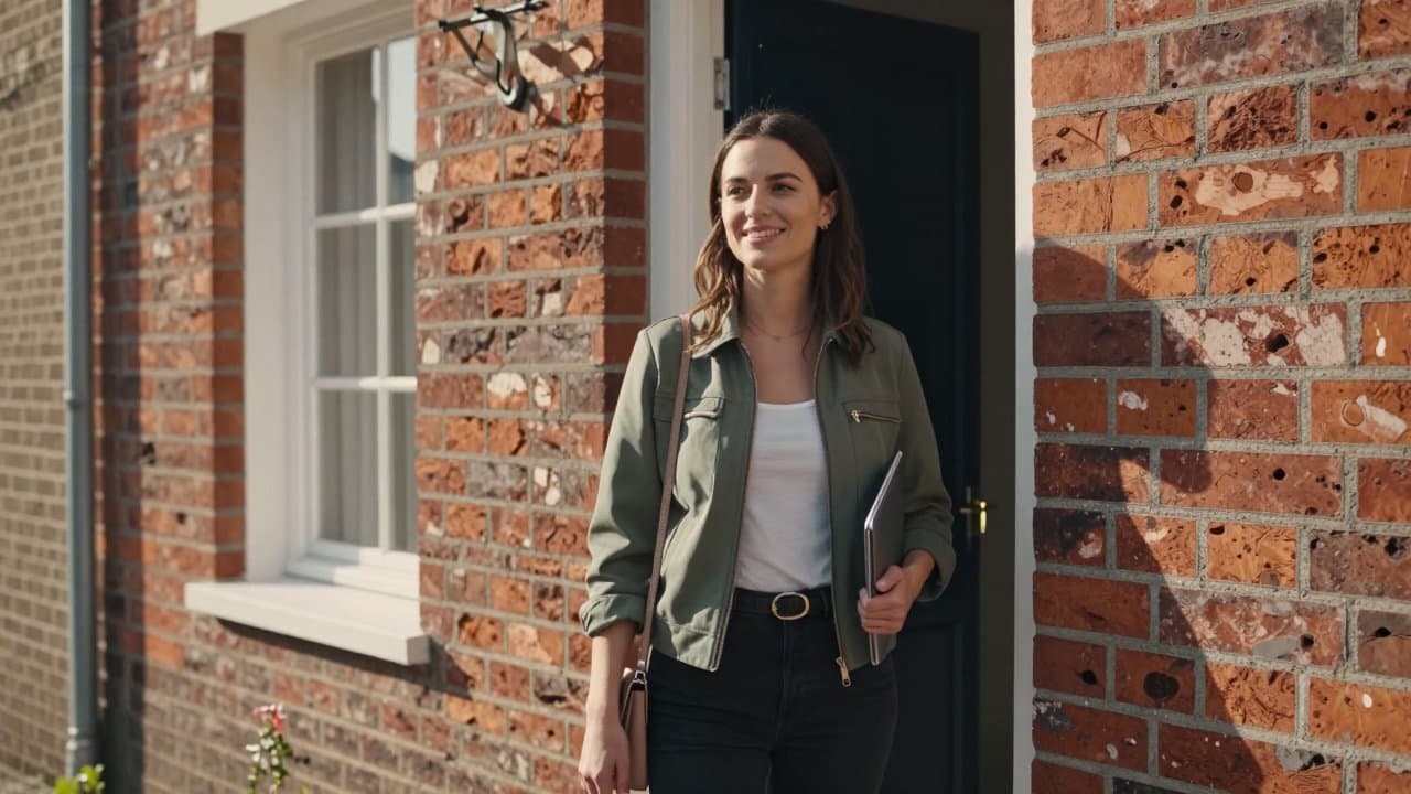 Une femme commerciale terrain souriante avec sa sacoche devant une maison d'un quartier résidentiel du Nord
