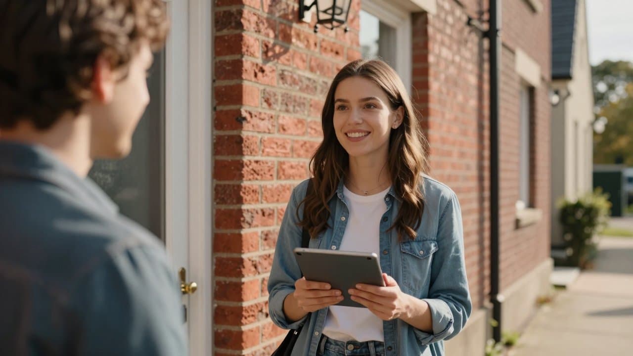 Jeune commercial souriant présentant une offre fibre sur le pas d'une porte dans une rue résidentielle de la métropole lilloise