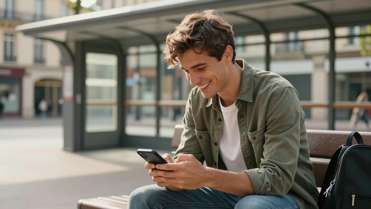A young man sits on a bench near a Lille metro station entrance, smiling while typing a message on his smartphone, daylight, optimistic mood.