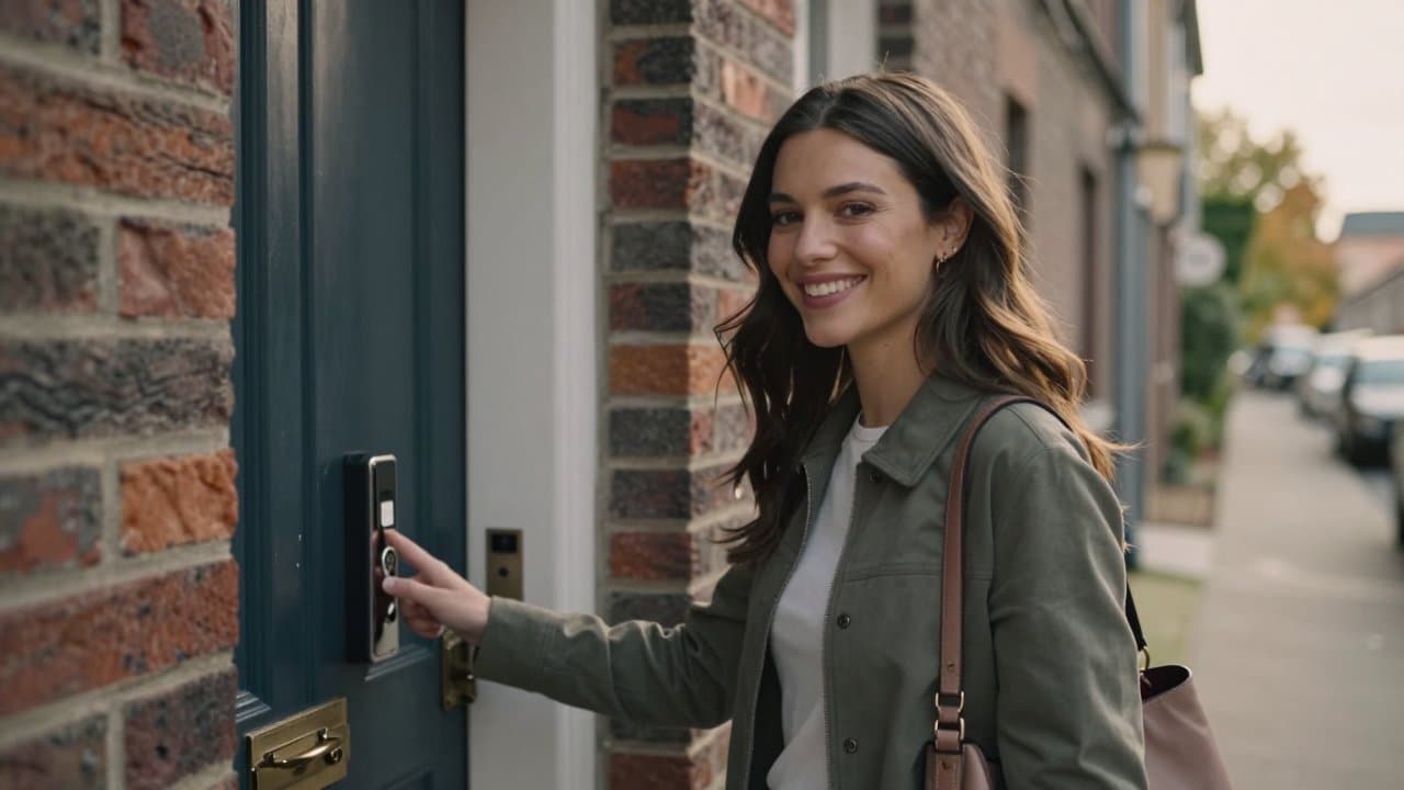 Jeune commercial souriant sonnant à une porte dans une rue résidentielle du Nord de la France, sacoche à l'épaule