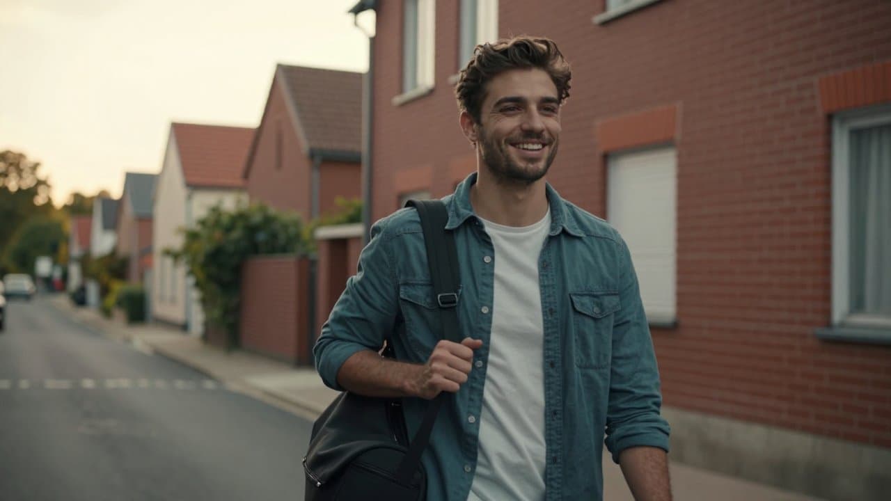 Jeune commercial terrain souriant, sacoche à l'épaule, dans une rue résidentielle du Nord au petit matin