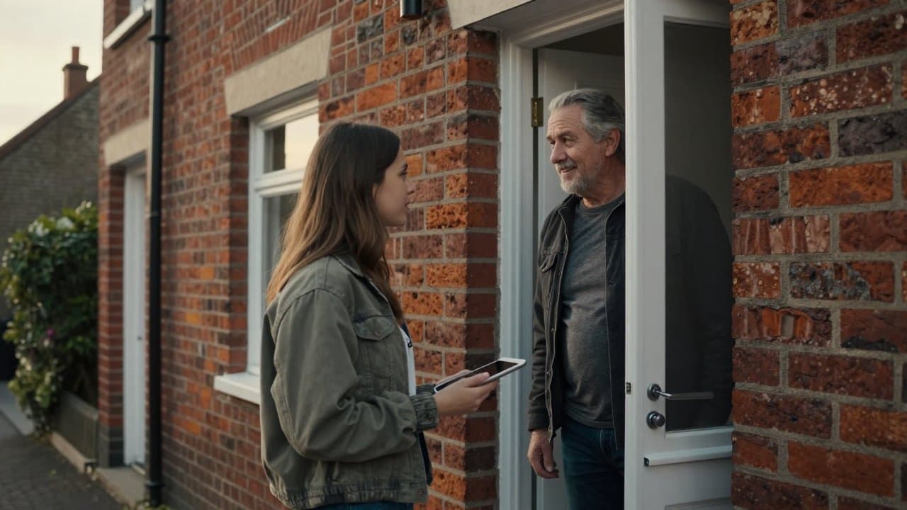 Jeune commerciale terrain souriante qui échange calmement avec un habitant sur le seuil d'une maison en briques d'une rue résidentielle du Nord