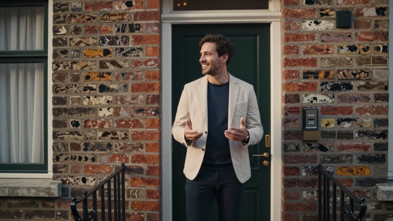 A man in his thirties in work clothes, carrying a small bag, smiling confidently as he knocks on a door in a residential street in Roubaix.