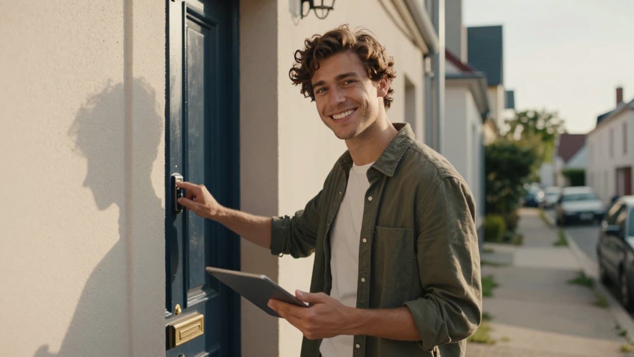 A young man in casual streetwear smiles while ringing a doorbell on a residential street in Roubaix, tablet in hand, afternoon light