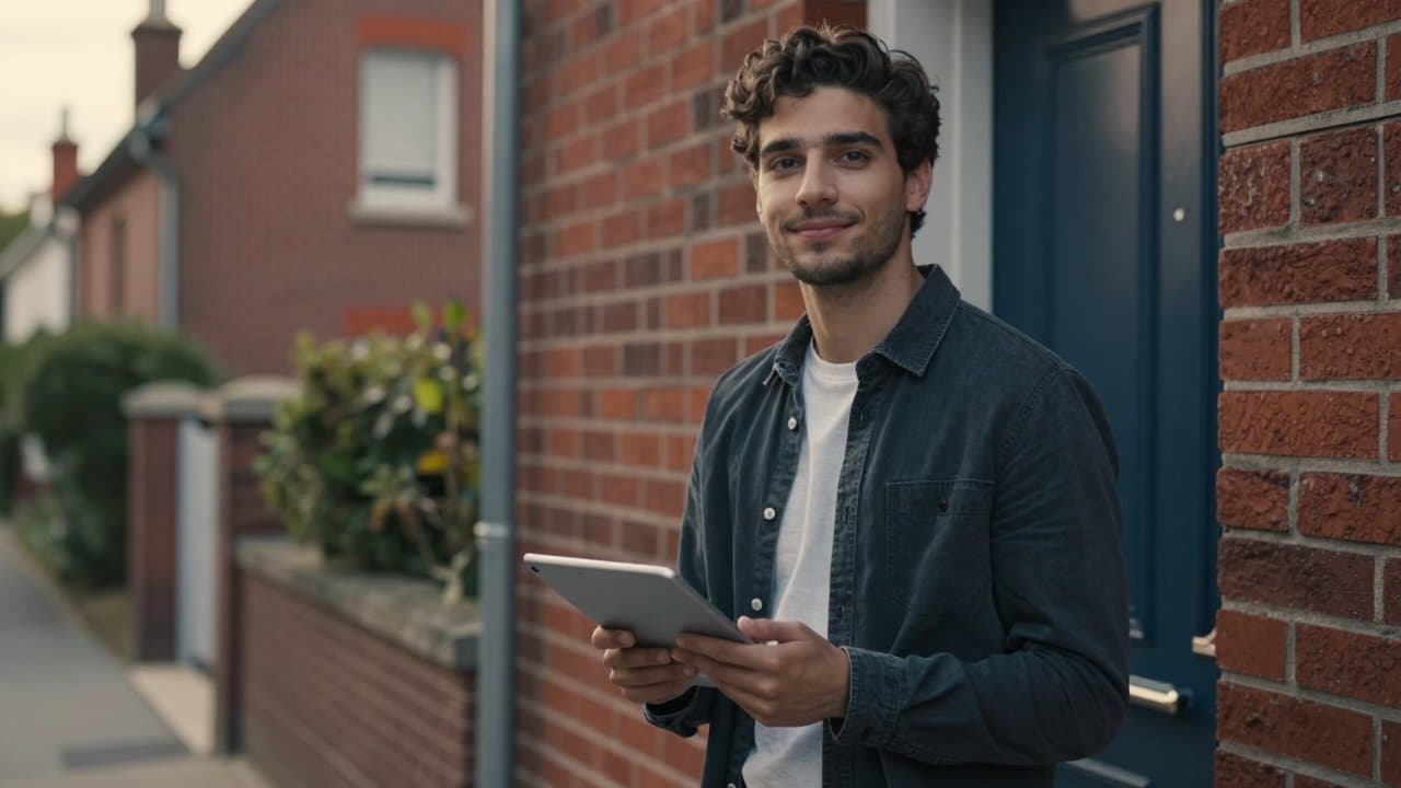 Jeune commercial souriant devant une porte d'entrée dans une rue résidentielle du Nord après un refus poli