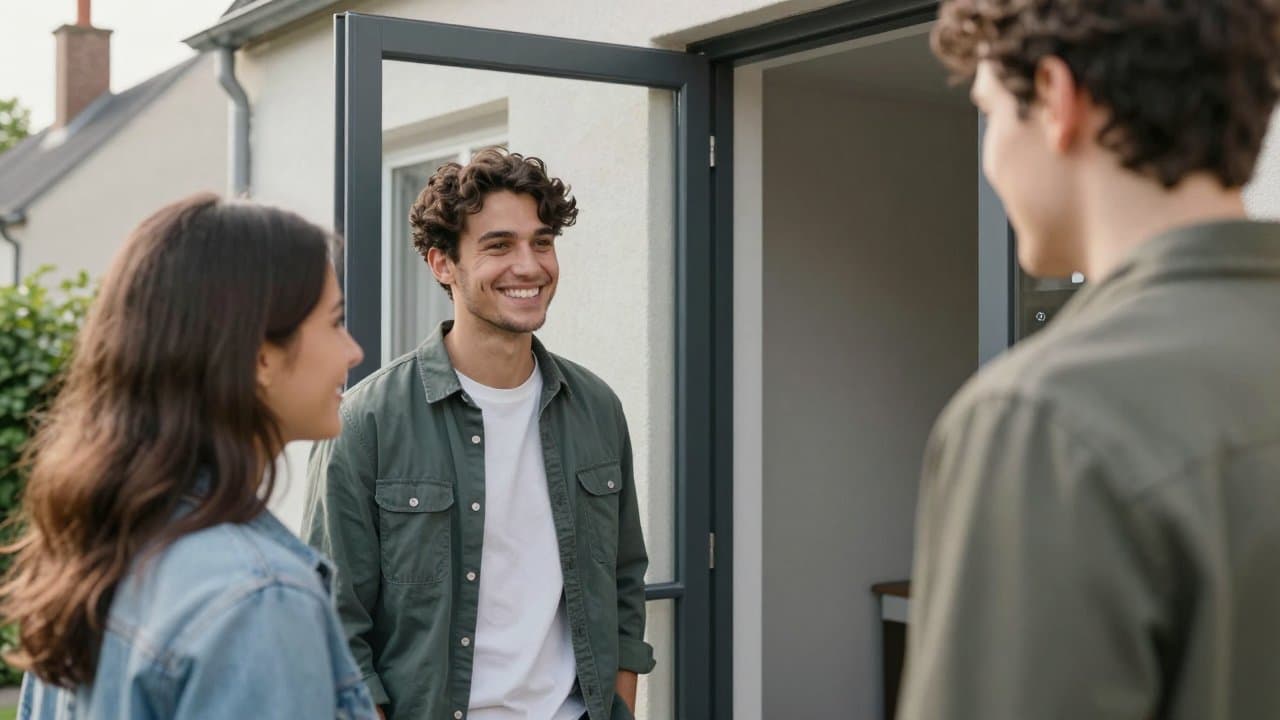 A young commercial terrain in casual work attire smiling and chatting with a resident at the open front door of a house on a residential street in Roubaix, daylight, friendly atmosphere