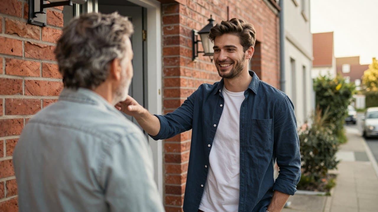 Jeune commercial souriant discutant avec un habitant sur le seuil d'une maison dans une rue résidentielle du Nord