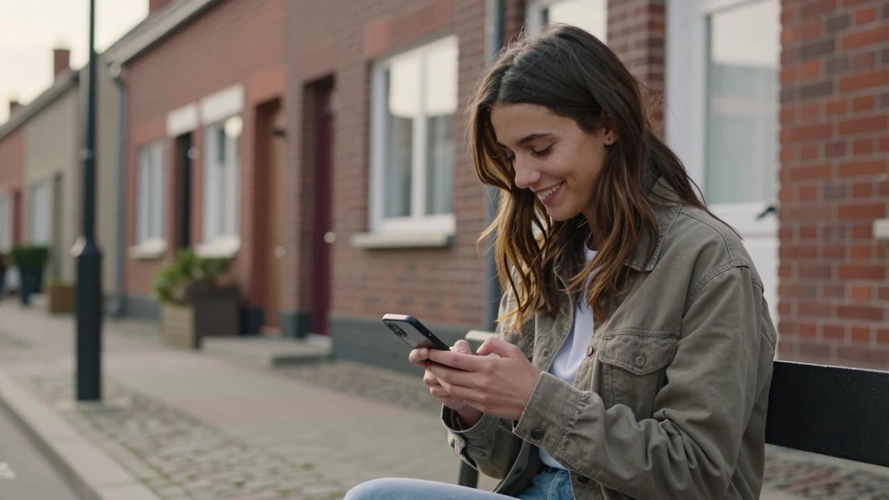 Jeune femme assise sur un banc d'une rue résidentielle de Roubaix, relisant un message sur son téléphone avant de l'envoyer
