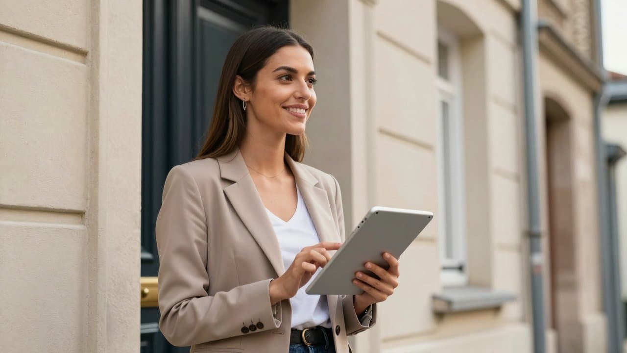 A young man in casual clothes smiling while ringing a doorbell on a residential street in Roubaix, holding a tablet, daylight, optimistic mood