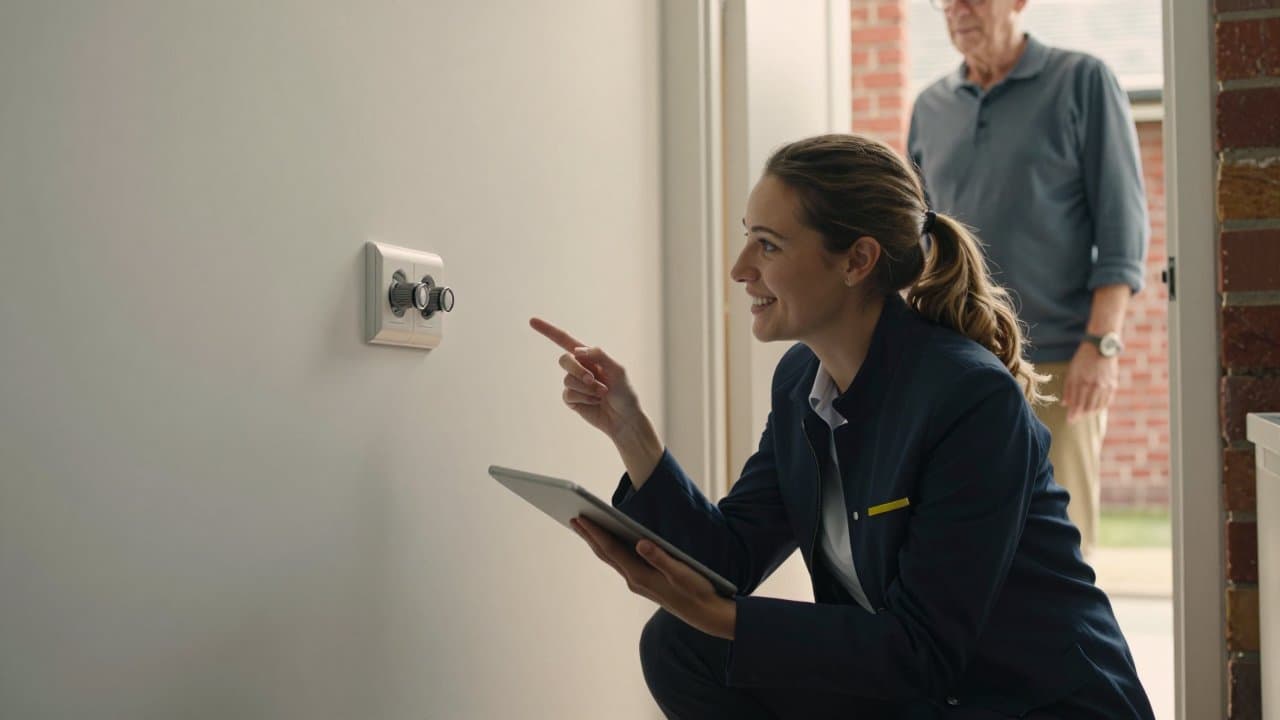 Commerciale terrain montrant une prise fibre murale à un retraité dans l'entrée d'une maison en briques du Nord